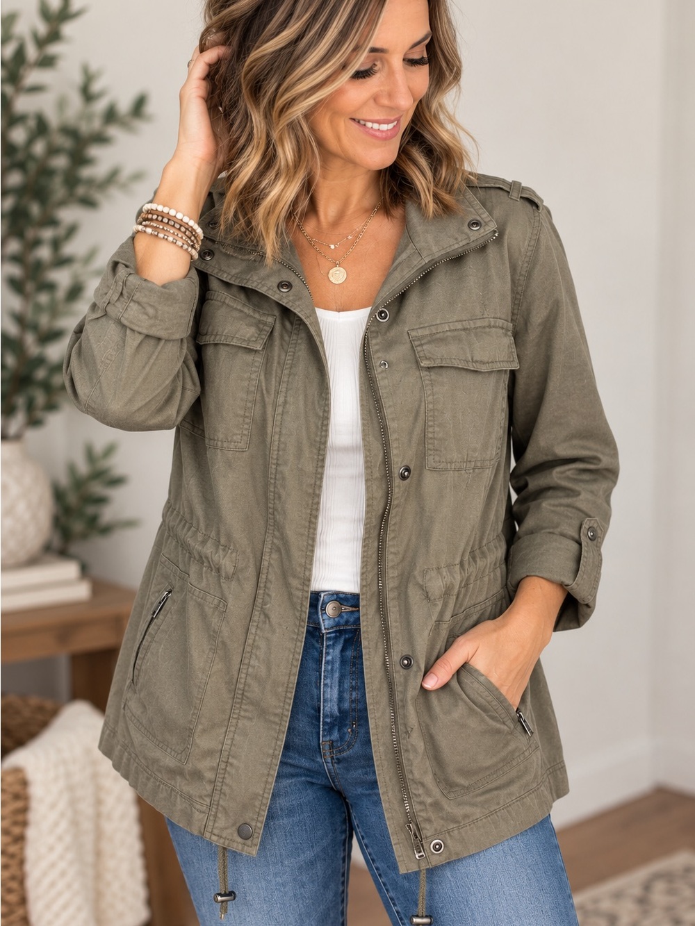 Ashley By 26 International Olive Green Utility Jacket with Drawstring